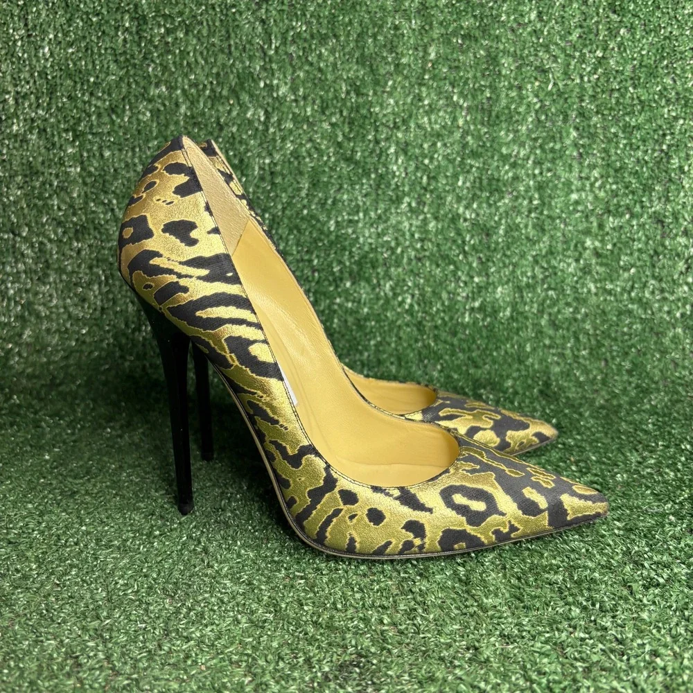 NEW Jimmy Choo‎ Anouk Animal Print Metallic Stiletto Heel Pumps Gold Womens Sz 8